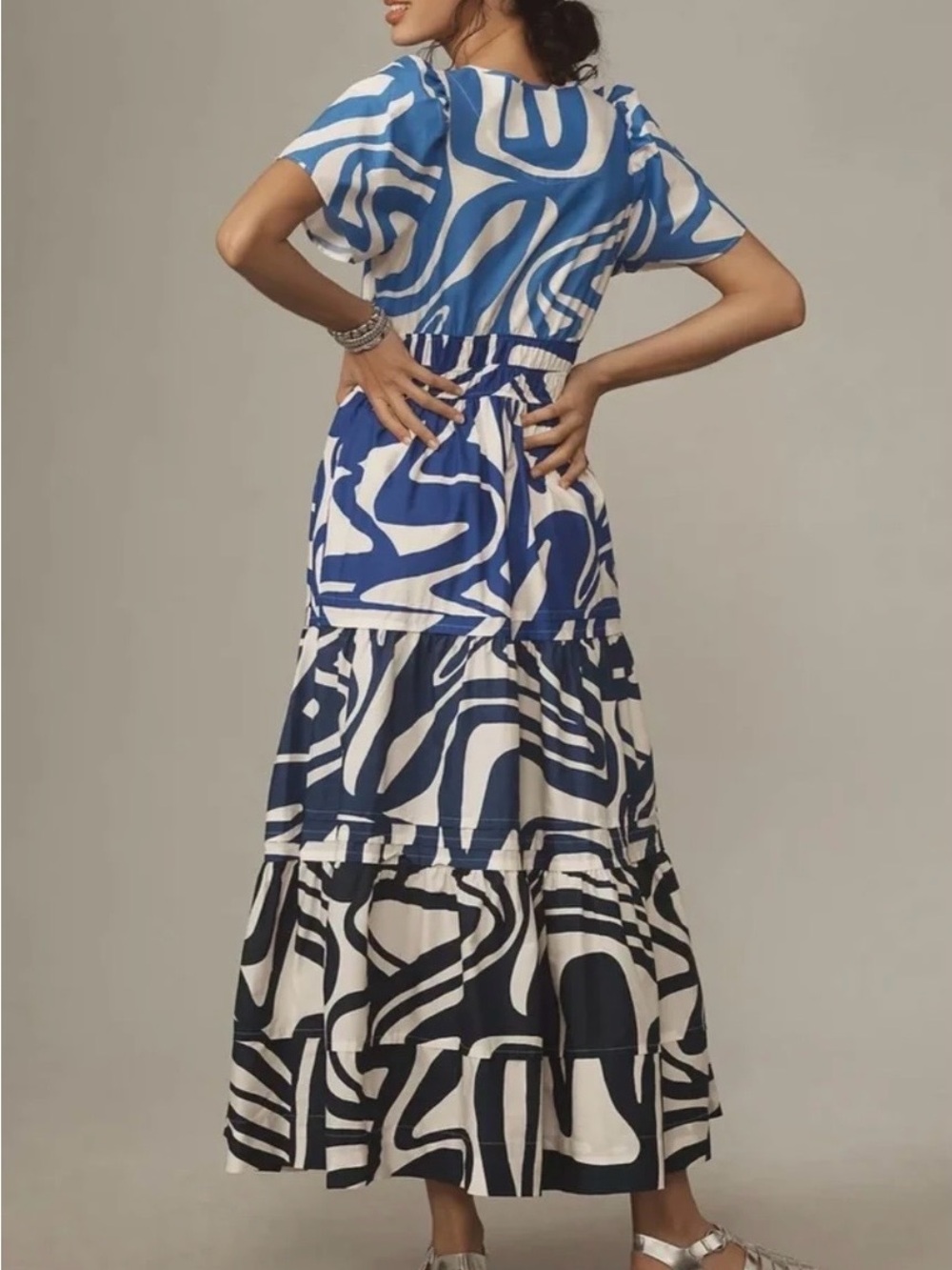 Anthropologie Blue & White Abstract Tiered Maxi Dress